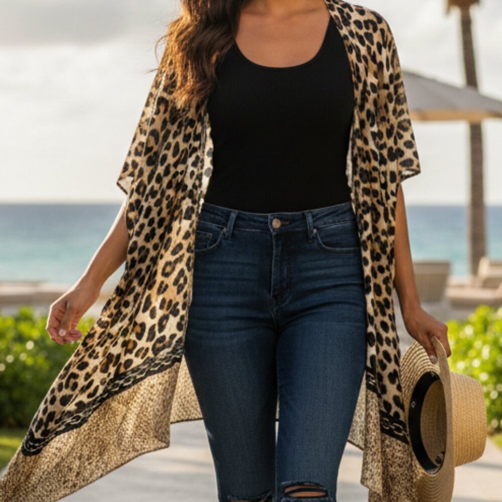 Leopard Animal Print Chico's Rayon Kimono Wrap Cardigan One Size‎